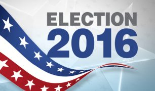 Reads: ELECTION 2016 with a red, white and blue spangled ribbon below