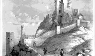 an graphite(grayscale) drawing of a castle on a hill