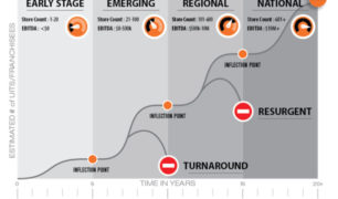 FPG Franchisor LifeCycle copyright 2017: Early stage, store count is 1 to 20, EBITDA is less than 0; Emerging: store count is 21 to 100, EBITDA is 0 - 500 thousand dollars; Regional: store count is 101 to 600 stores, EBITDA is $500 thousand to 10 million; National: store count is 601 or more, EBITDA is $10 million or more.